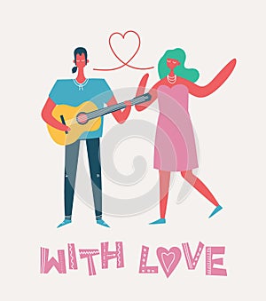 Illustration with happy cartoon couples of people. Happy friends, parents, lovers on date, hugging, dancing, couples