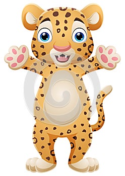 Happy cartoon leopard posing on white background