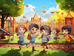 Illustration of happy children playing in the school