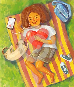 Illustration of a happy cute girl resting on the grass with her puppy and listening to music on headphones. Self-love. Hugs the