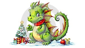 Illustration of a happy dragon in a Christmas hat on a winter background. Generative.