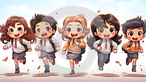 Illustration of happy elementary school children running to school with backpacks