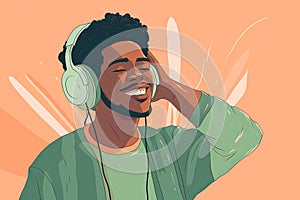 Illustration happy emotional African American man wearing headphones listening music, singing song and dancing isolated on orange