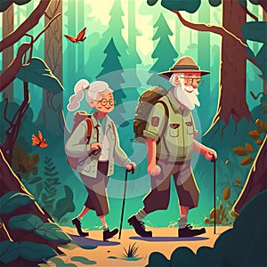 Illustration of happy energetic senior couple, over 50, hiking in the forest with backpacks