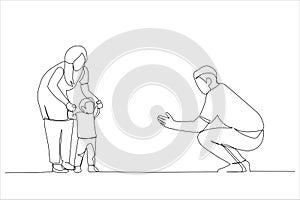 Illustration of happy family playing and baby learning to walk at home. One line art style