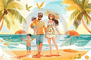 Illustration of happy family sitting together on the beach, captured in vibrant printmaking artistry photo