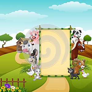 Happy farm animals with blank sign bamboo