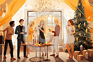 illustration of happy friends celebrating Christmas at home party. celebration and holidays concept.