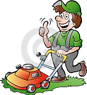 illustration of an happy Gardener with his lawnmow