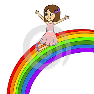 Illustration of a happy girl on rainbow. White background
