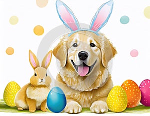 illustration of a happy golden retriever dog wearing easter bunny ears and a brown rabbit with colourful easter eggs