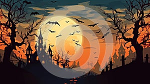 Illustration of Happy Halloween background, silhouettes of trees, houses, bats and pumpkins on orange background, minimal concept