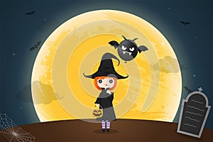 Illustration Happy Halloween Day. Holiday concept with cute little girl wearing a witch costume holding a pumpkin candy basket