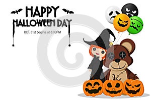 Illustration Happy Halloween Day. Holiday concept with horror characters , cute little girl wearing a witch costume and pumpkin