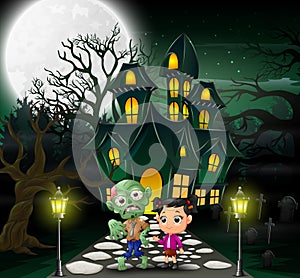 Happy halloween zombie cartoon in front of the haunted house with full moon background