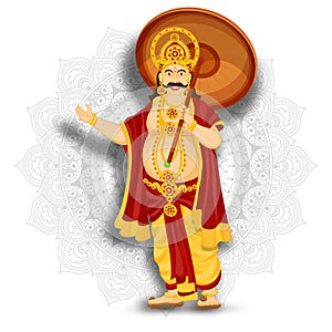 Illustration of happy King Mahabali on mandala pattern background.