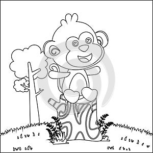 Illustration of a happy little monkey in a sitting position on a tree stump,  Funny vector illustration, Trendy children graphic