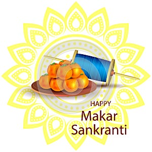 Illustration of Happy Makar Sankranti wallpaper with colorful kite string for festival of India