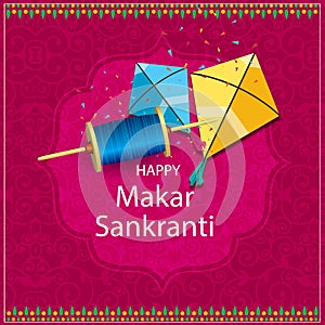 Illustration of Happy Makar Sankranti wallpaper with colorful kite string for festival of India
