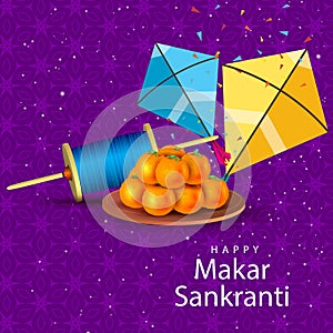 Illustration of Happy Makar Sankranti wallpaper with colorful kite string for festival of India