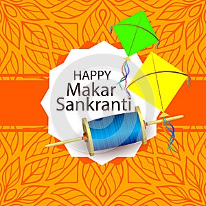 Illustration of Happy Makar Sankranti wallpaper with colorful kite string for festival of India