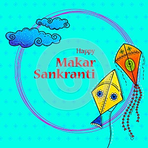 Illustration of Happy Makar Sankranti wallpaper with colorful kite string for festival of India