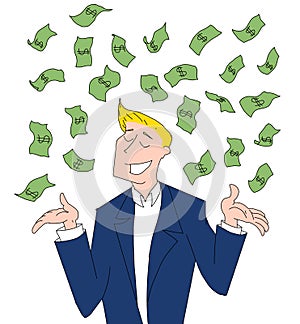 Illustration of a happy man because he receives a lot of money