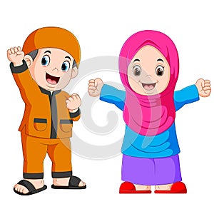Happy moslem kid cartoon isolated on white background photo