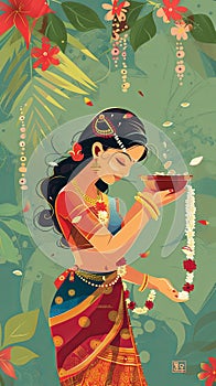 Illustration of happy people celebrating Ugadi festival, New Year's Day according to the Hindu calendar and is