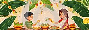 Illustration of happy people celebrating Ugadi festival, New Year's Day according to the Hindu calendar and is