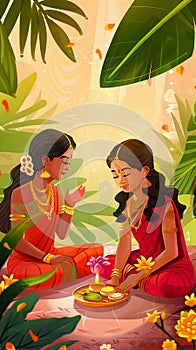 Illustration of happy people celebrating Ugadi festival, New Year's Day according to the Hindu calendar and is