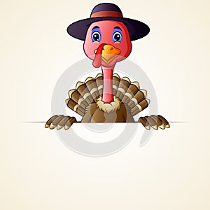 Happy pilgrim turkey bird cartoon holding blank sign