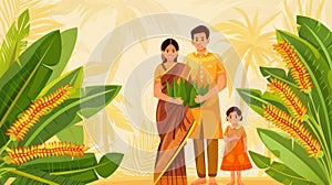 An illustration of a Happy Pongal Holiday Harvest Festival greeting modern background from Tamil Nadu in South India