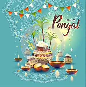 Illustration of Happy Pongal Holiday Harvest Festival of Tamil Nadu South India. Greeting background. photo