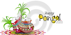 Illustration of Happy Pongal Holiday with traditional pot and sugarcane on rangoli for religious festival Happy Pongal celebration