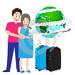 Illustration of happy pregnant couple travel around world Vector