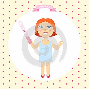 Illustration of happy pregnant woman cartoon with a positive pregnancy test in hand. series pregnancy