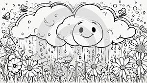 illustration of a happy rain cloud and flowers, black and white outline, a coloring book page illustration,