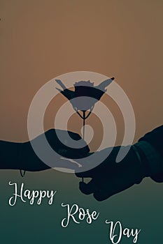 Illustration of Happy rose day with a silhouette of a couples hand with a rose valentine special