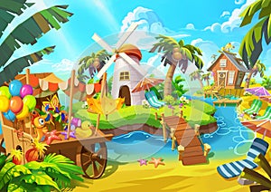 Illustration: Happy Sand Beach. Windmill, Cabin, Coconut Tree, Grocery Cart, Islands.