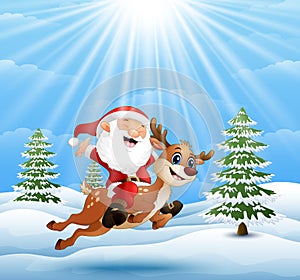 Happy santa claus riding a reindeer on snow downhill