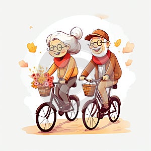 illustration of happy senior couple biking together in the park
