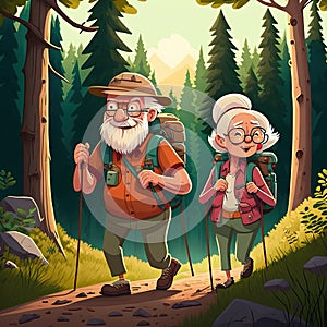 Illustration with happy seniors maintaining an active lifestyle in the forest go on a hike with backpacks photo