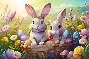 Illustration of happy, smiling little Easter bunnies in a wicker basket amidst a wildflower field. Ideal for a joyful and spring-