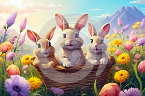 Illustration of happy, smiling little Easter bunnies in a wicker basket amidst a wildflower field. Ideal for a joyful and spring-