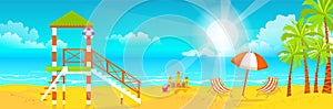 Illustration of happy sunny summer day at the beach. Lifeguard tower on island with bright sun, palm trees in flat style