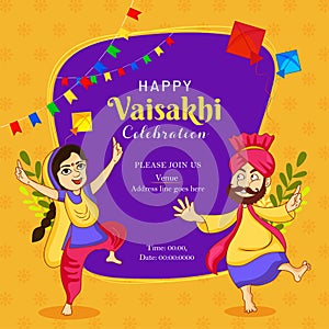 Illustration of Happy Vaisakhi Punjabi festival celebration background with punjabi couble dancing