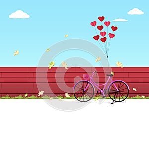 Illustration of happy valentine day, balloon heart shape hang the pink bicycle parking and beautiful birds fly in front of the red