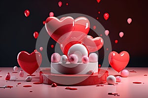 Illustration of happy valentine\'s day podium with hearts, flying balloon and dark background