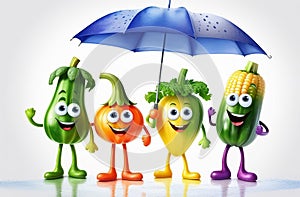 Illustration of happy vegetables under an umbrella